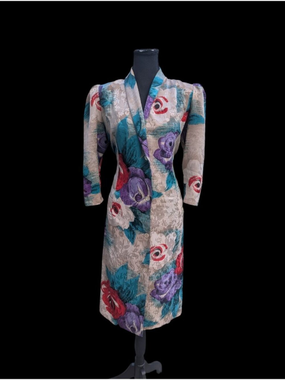 Vtg 80s Nu-Mode Rose Floral Jacquard Coat Dress Puff Power Shoulder Maximalist